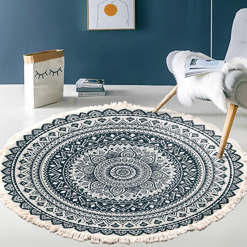 Vintage Boho Cotton Rugs, Mandala Pattern, Washable Hand Woven Bohemian Round Rug with Tassels for Bedroom, Hallway, Living Room, Coffee Table, Doormats, Machine Washable, 80 cm, Flowers #1 — image 1