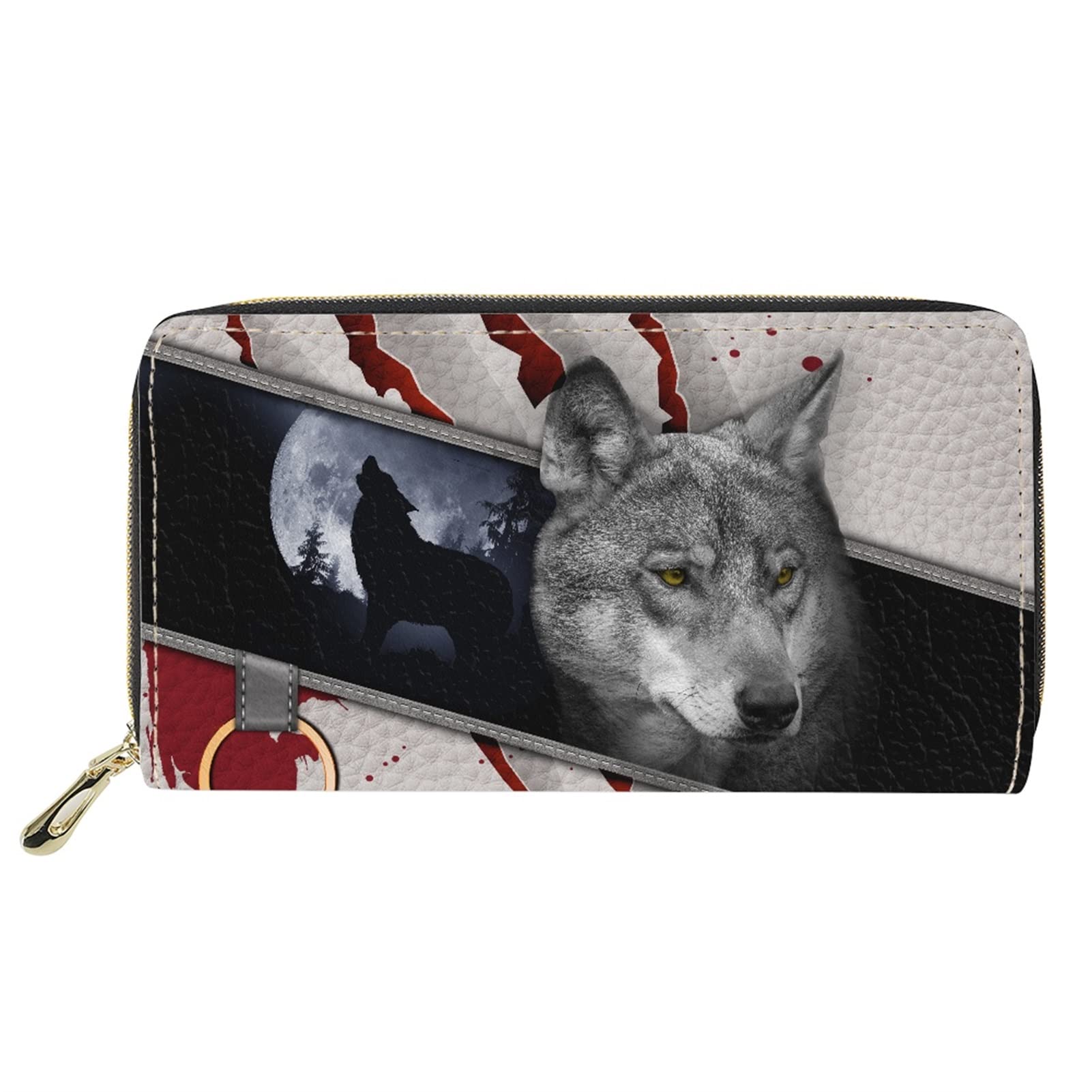 Dolyues Angry Howling Wolf Blood Claw Printed Ladies Purse,Women's Zippered Long Pu Leather Credit Card Holder Wallet with Coin Pocket Multiple Slot