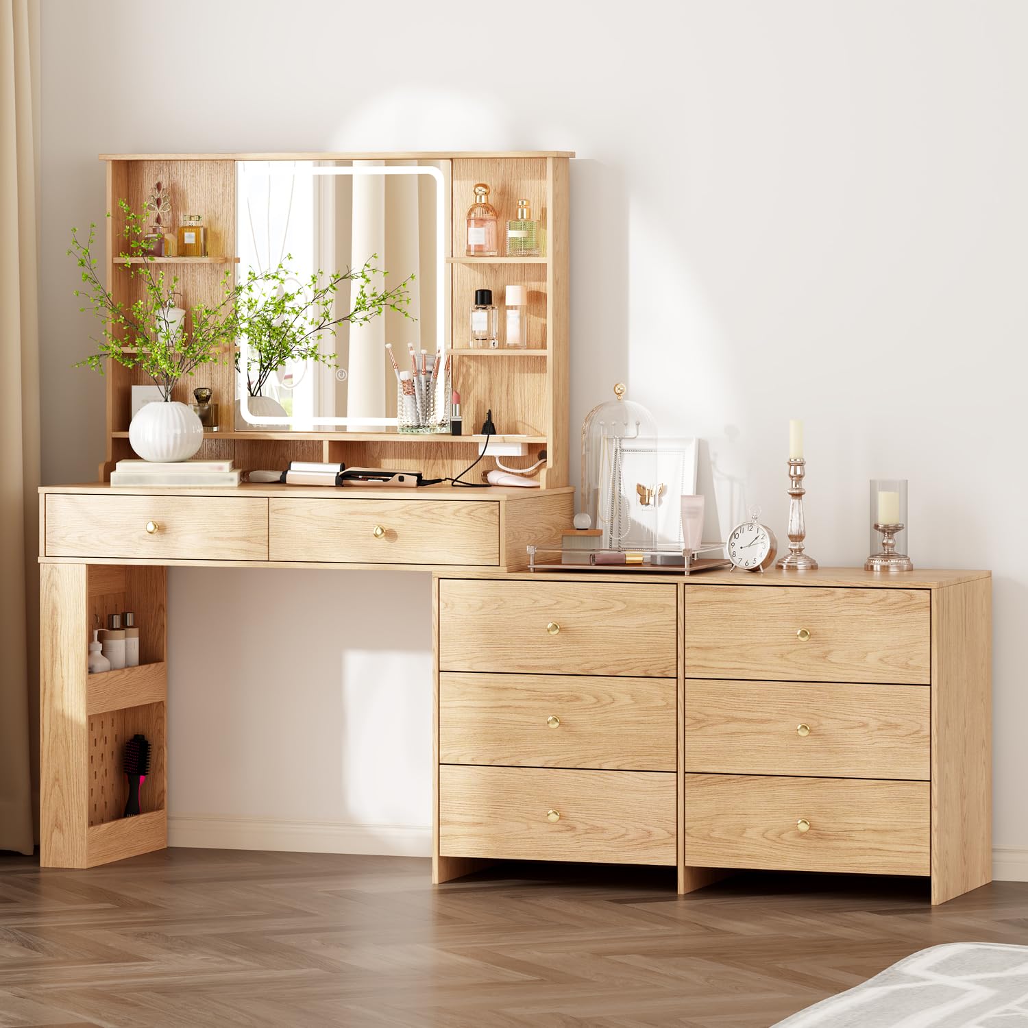 Photo 1 of *HEAVY* Ieejdn Makeup Vanity Desk with Mirror and Lights, Vanity Desk with 8 Drawers & Storage Shelves, Vanity Table with Power Outlet, 3 Color Modes & Adjustable Brightness Dressing Table, Bedroom,Oak2