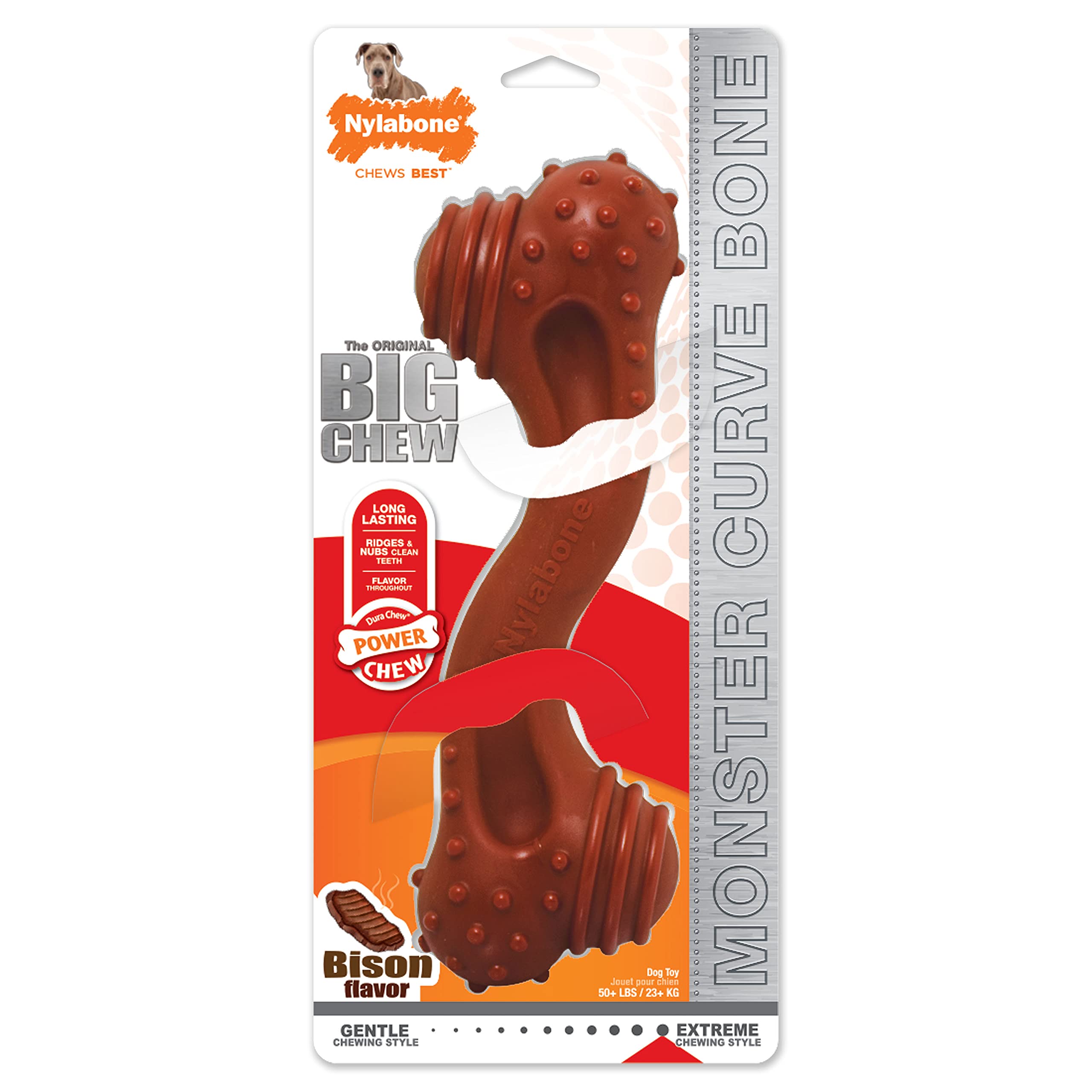 Nylabone Extreme Tough Dog Chew Toy, Monster Bison Bone, Cleans Teeth, Bison Flavour, XXL, for Dogs Over 23 kg