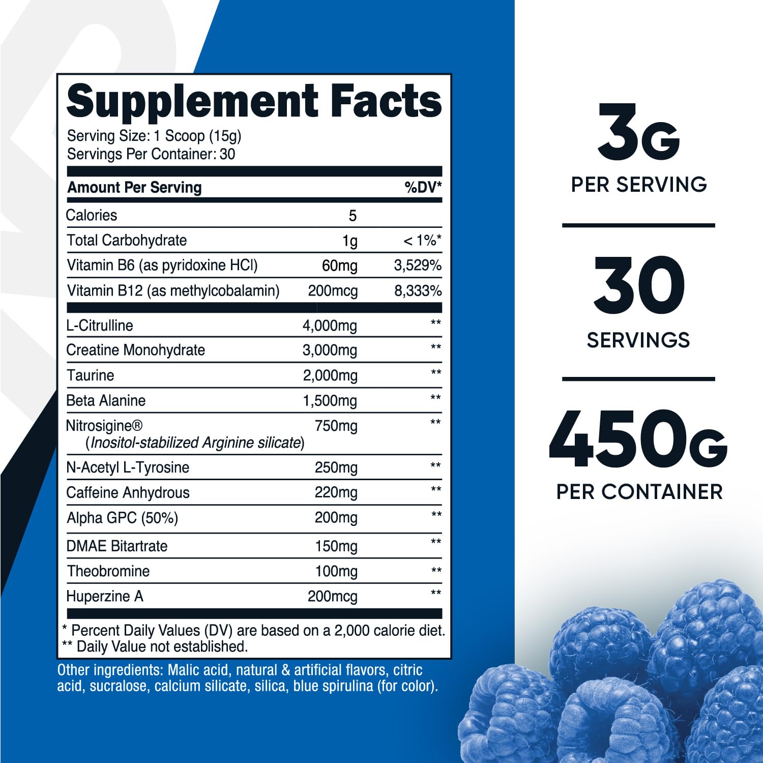 Nutricost Pre-C Pre-Workout Complex with Creatine (Blue Rasberry | 30 Servings) Powder - Boost Fintess Routines, 450g