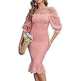 BerryGo Women's Embroidery Smocked Bodycon Short Puff Sleeve Shirred Dress Off Shoulder Ruffle Hem Party Cocktail Mermaid Pencil Midi Dress Pink XL