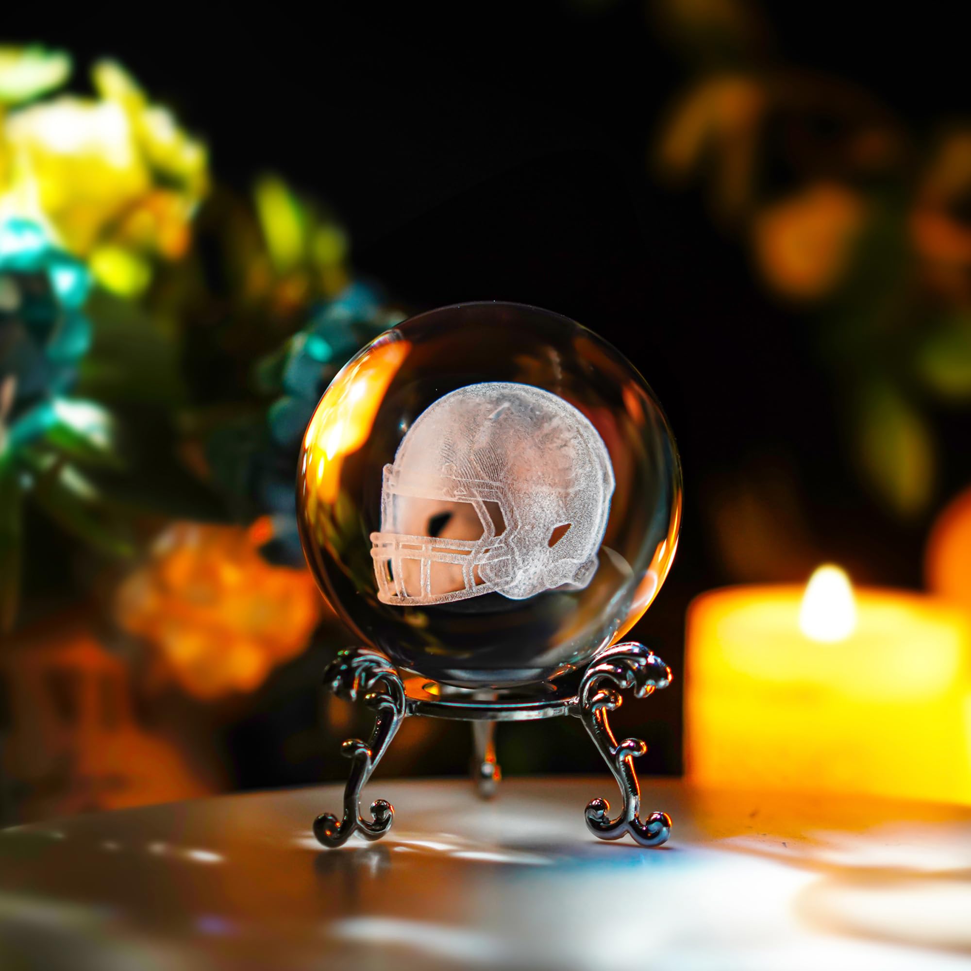 HDCRYSTALGIFTS 3D Laser Engraved Crystal Ball Paperweight with Silver-Plated Flowering Stand Handmade Decorative Ball Glass Full Sphere Home Decor Gift (2.36inch,Rugby Helmet)