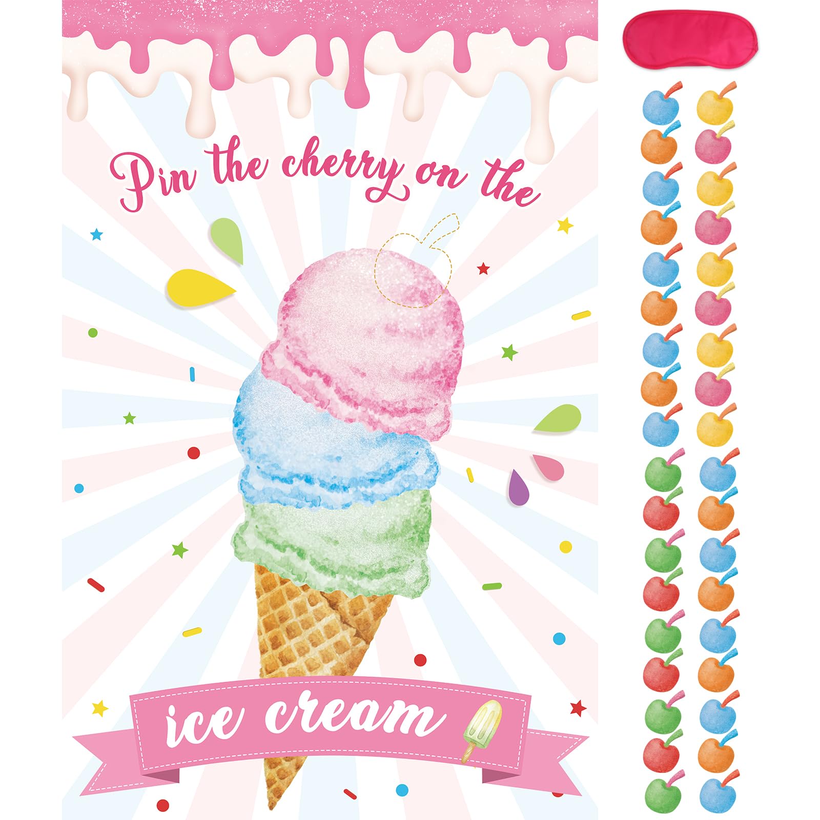 Photo 1 of Hooqict Pin The Cherry On The Ice Cream Game Birthday Party Games for Kids Ice Cream Theme Party Decorations Supplies for Girls, Large Ice Cream Poster with 36 Cherry Stickers Wall Decor