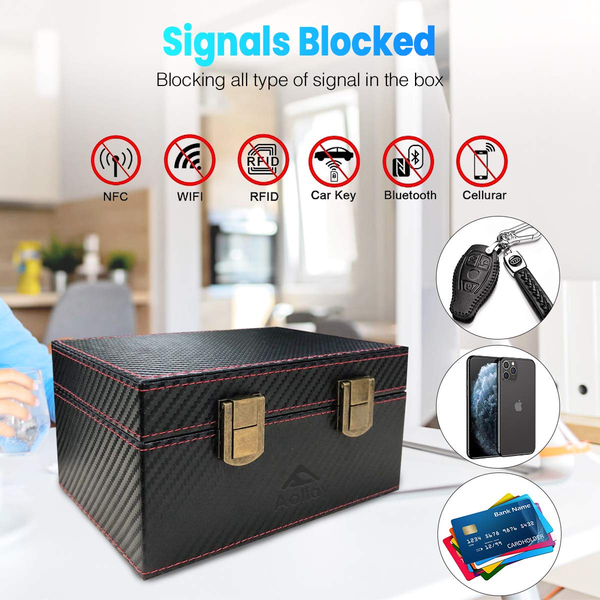Aolfay Faraday Box, Signal Blocker Box for Car Keys, Keyless Cars Security Anti Theft Large Storage Box with 5 RFID Signal Blocking Cases, Shielding Pouch for Cell Phone and Car Key Privacy Protection