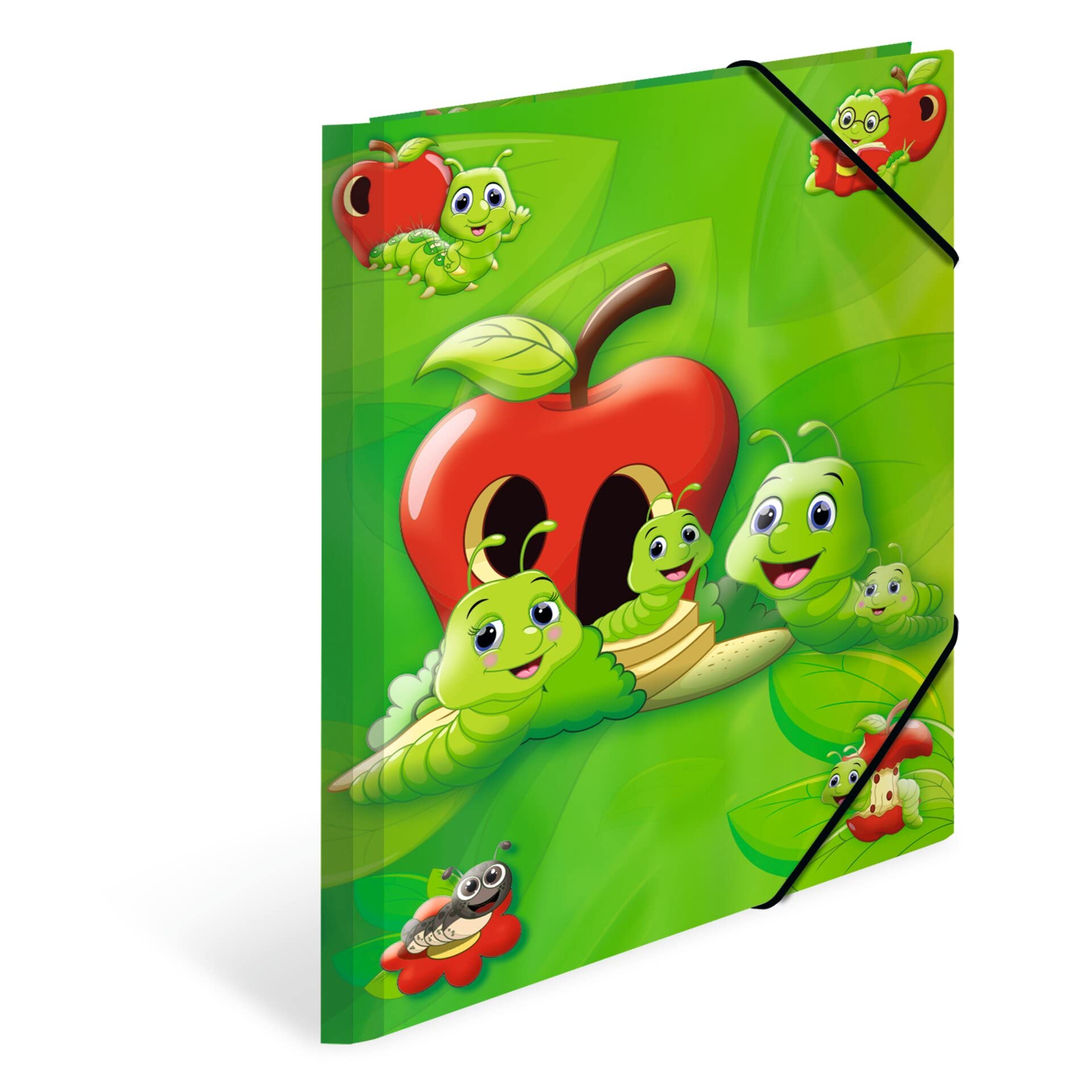 HERMA 19592 Portfolio Folders A4 Kindergarten Animals Fritz the Worm, Pack of 3, Children's Corner Folder Made of Cardboard with Inner Print and Elastic Band, Sturdy Cardboard Folders Set for Boys and