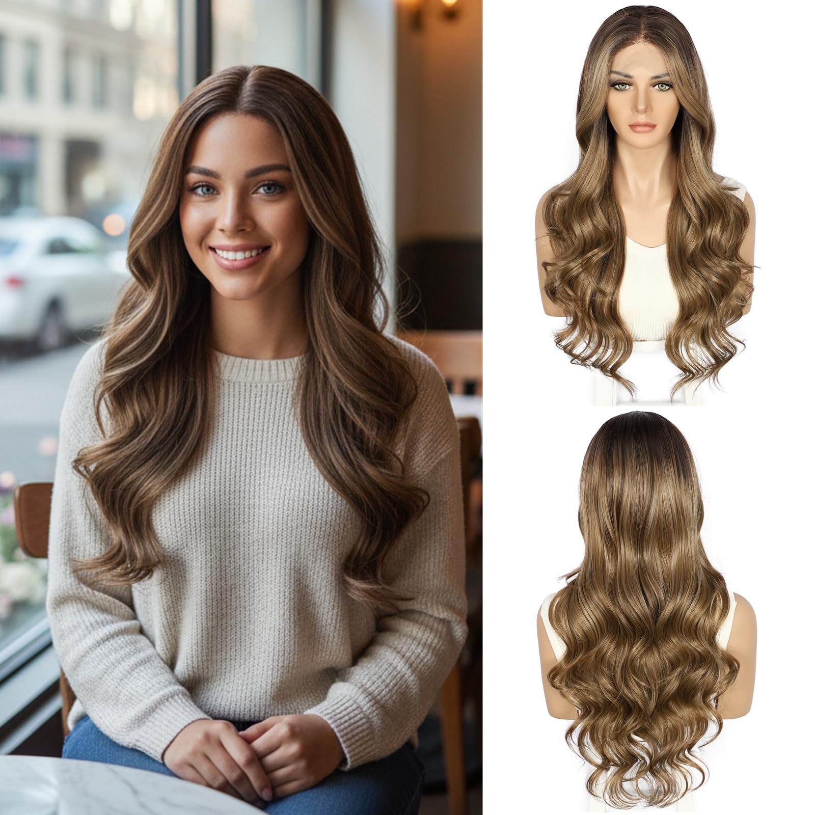 Sapphirewigs Brown Lace Front Wig Synthetic Body Wave Honey Brown Dark Roots Synthetic Lace Front Wigs Party Date Daily Wear Christmas Natural Looking 26 inch