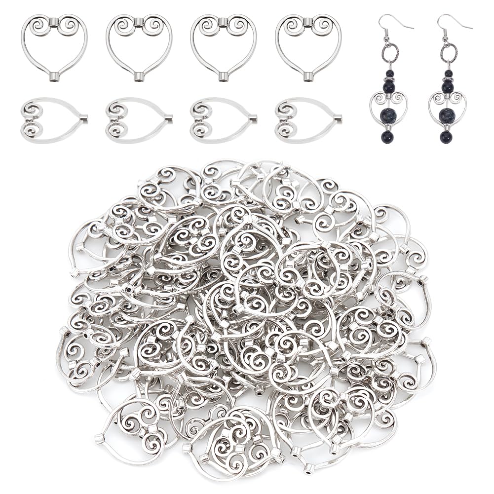 NBEADS 100 Pcs Heart Bead Frame, Double Hole Bead Frame Antique Silver Loose Spacer Beads Metal Heart Connector for Beads Pendant Bracelet Earrings Jewelry Making