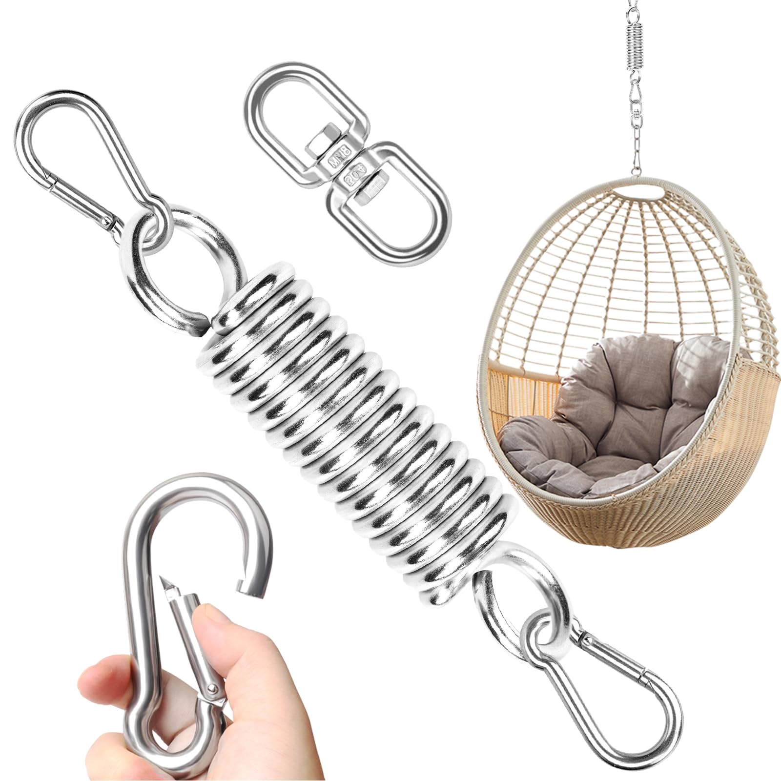 Huanmin Swing Spring for Hanging Chair, Hanging Chair Spring, Load Capacity up to 250 kg, Spring Hanging Chair with 2 Carabiner Hooks and 360° Swivel Hooks, Suspension Spring for Punch Bag Holder,