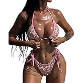 Women's Shiny Sequins Bikini Sets Glitter Halter String Triangle Bikini Sets Two Piece Padded Swimsuit Bathing Suit for Women