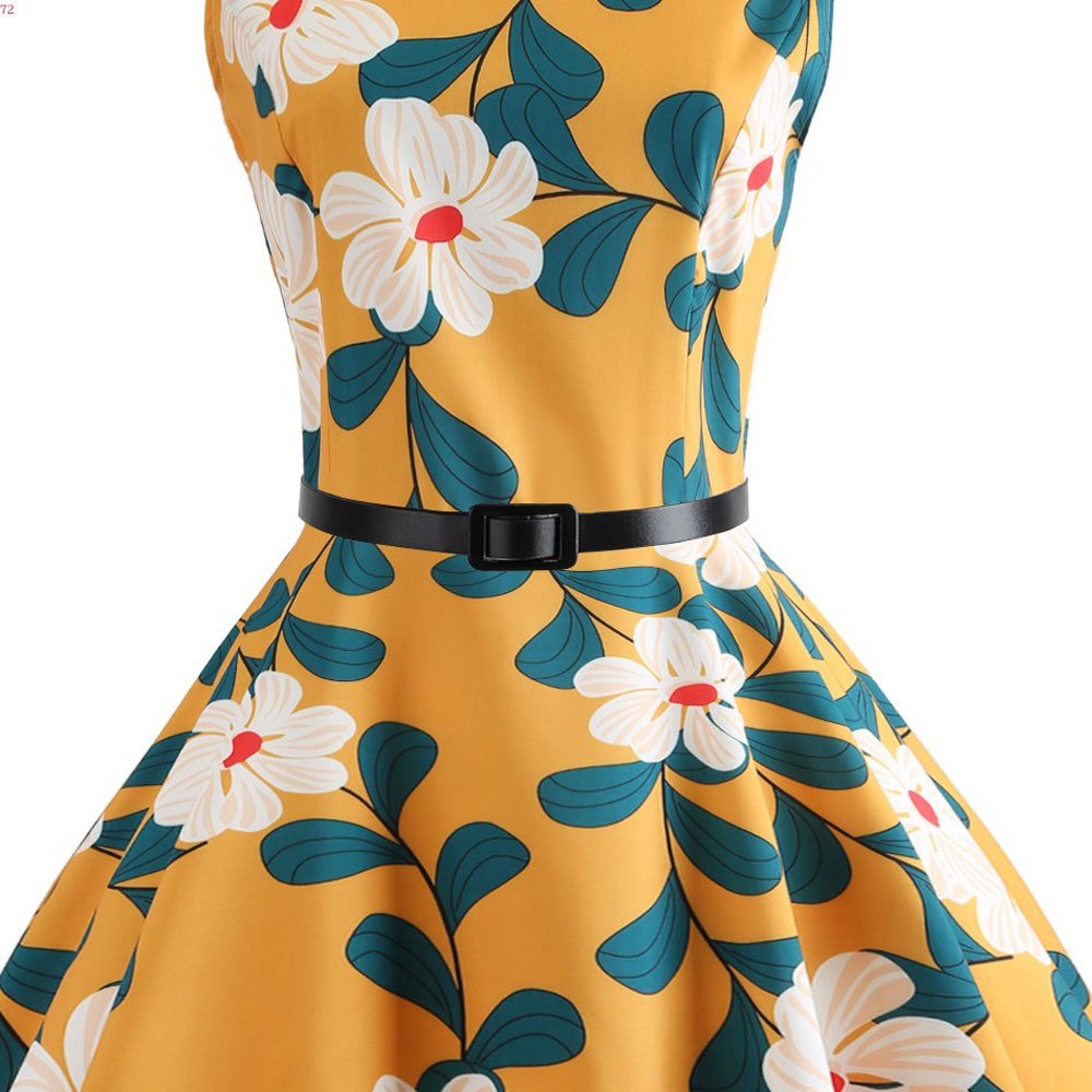 Women\'s 1950s Classy Cocktail Party Prom Vintage Rockabilly Floral Swing Dress with Belt Yellow M