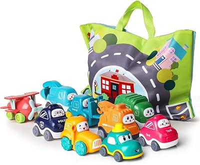 lerrbo 9 PCS Baby Truck Toys with Crane Playmat Storage Bag