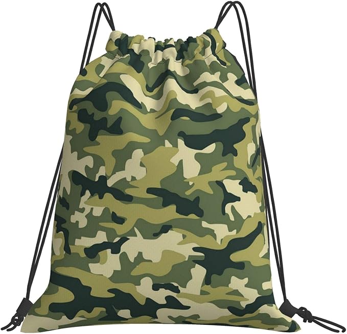 Green Camouflage Drawstring Backpack Bags Ultra Lightweight Gym