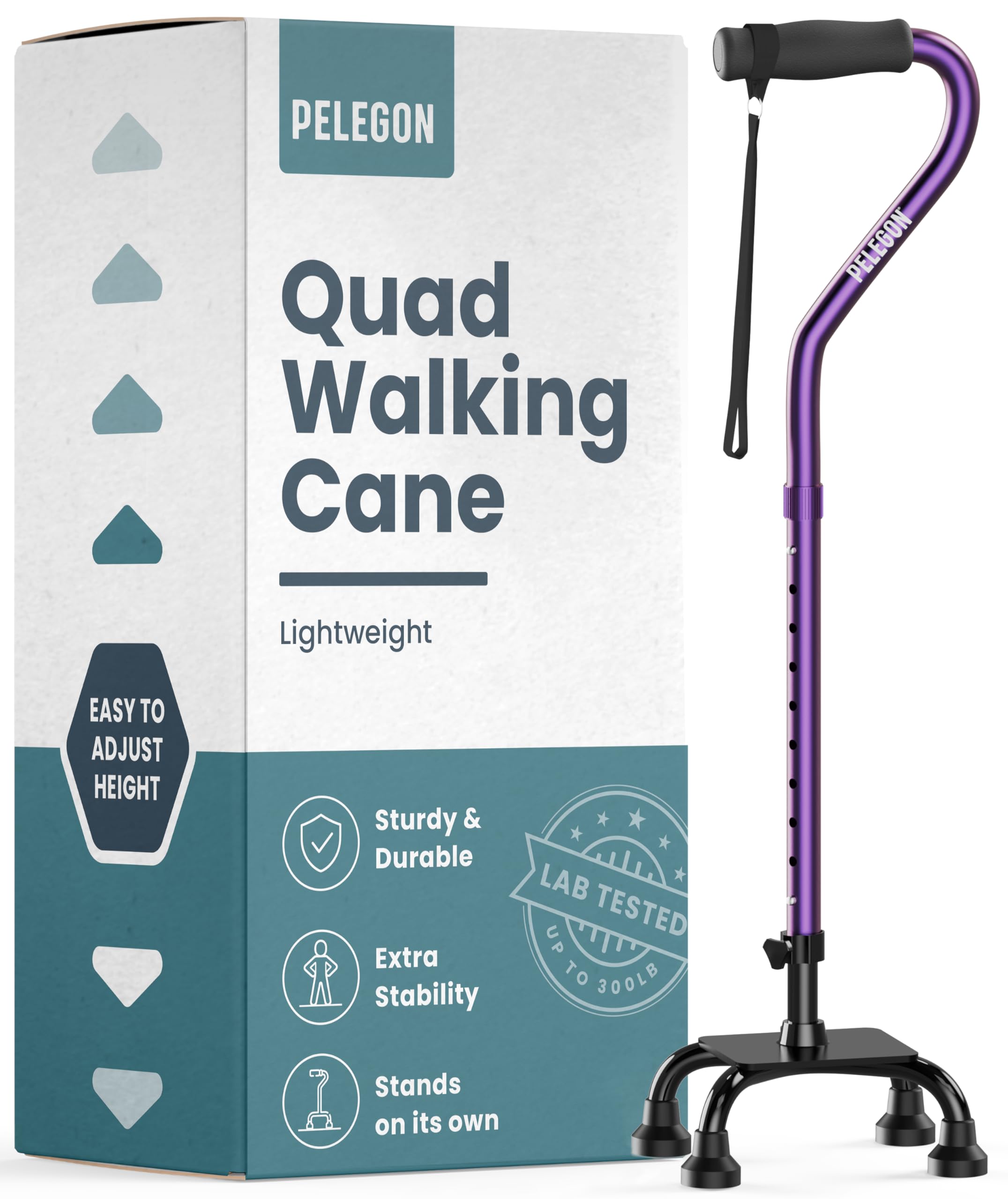 Photo 1 of PELEGON Quad Cane (300 lb) - Adjustable Walking Cane with A Large 4 Pronged Base for Extra Balance & Stability, Walking Canes for Seniors, Walking Cane for Men & Women, Walking Sticks (Purple)