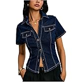 OYOANGLE Women's Short Sleeve Button Down Denim Jackets Collared Fitted Y2K Jean Shirt Tops