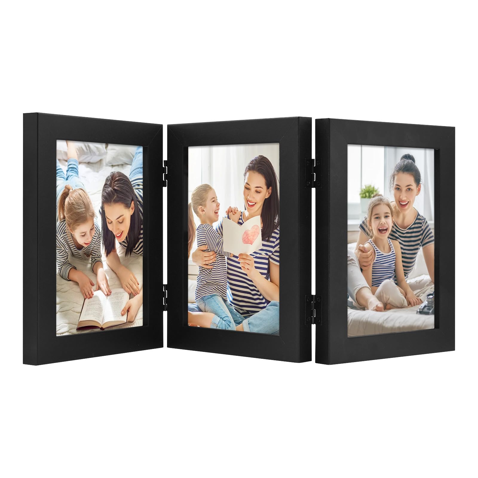 Golden State Art, Decorative Hinged Table Desk Top Picture Photo Frame, 3 Vertical Openings, 5x7 inches with Real Glass (5x7 Triple, Black)