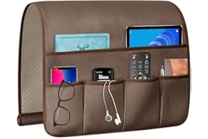 WETRBWEH TV Remote Control Holder Couch Caddy, Non-slip Bedside Caddy Organizer with 5 Pockets for Key Glasses Phone Magazine Holders (Brown, 35''x18'')