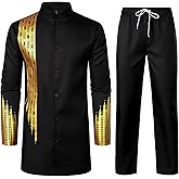 LucMatton Men's African Attire 2 Piece Set Gold Foil Print Button Up Long Sleeve Shirt and Pants Suit Dashiki Outfit