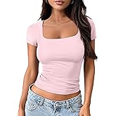 Trendy Queen Double Lined Tops for Women Square Neck Cute Going Out Short Sleeve Shirts Spring Summer Crop Tops Teens Tees