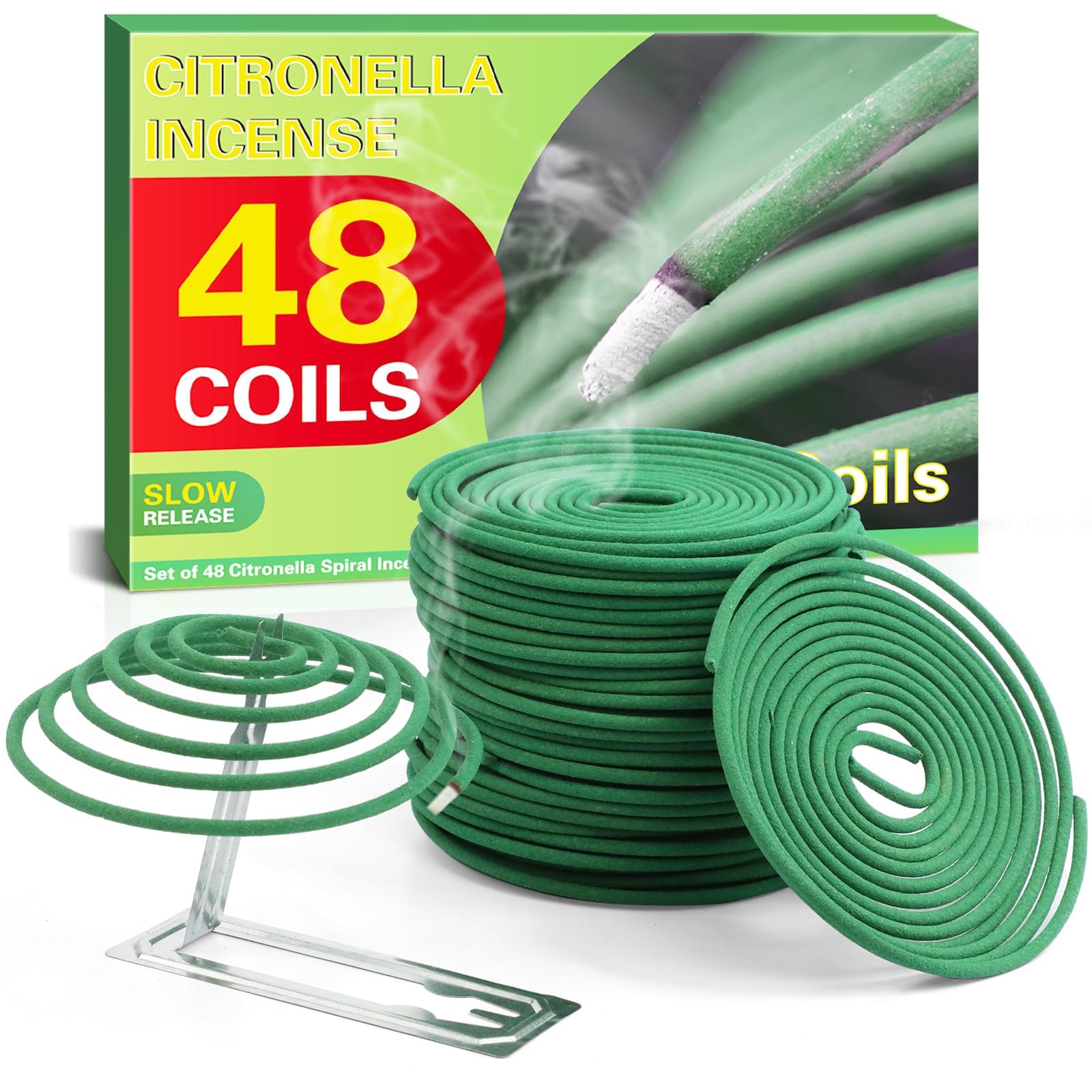 Scent-Hi Citronella Coils, Citronella Incense Coils with Holder, Long-Lasting Scented with Citronella Essential Oil, Spiral Lemongrass Coils for Garden, Patio and Camping, 48 Pcs