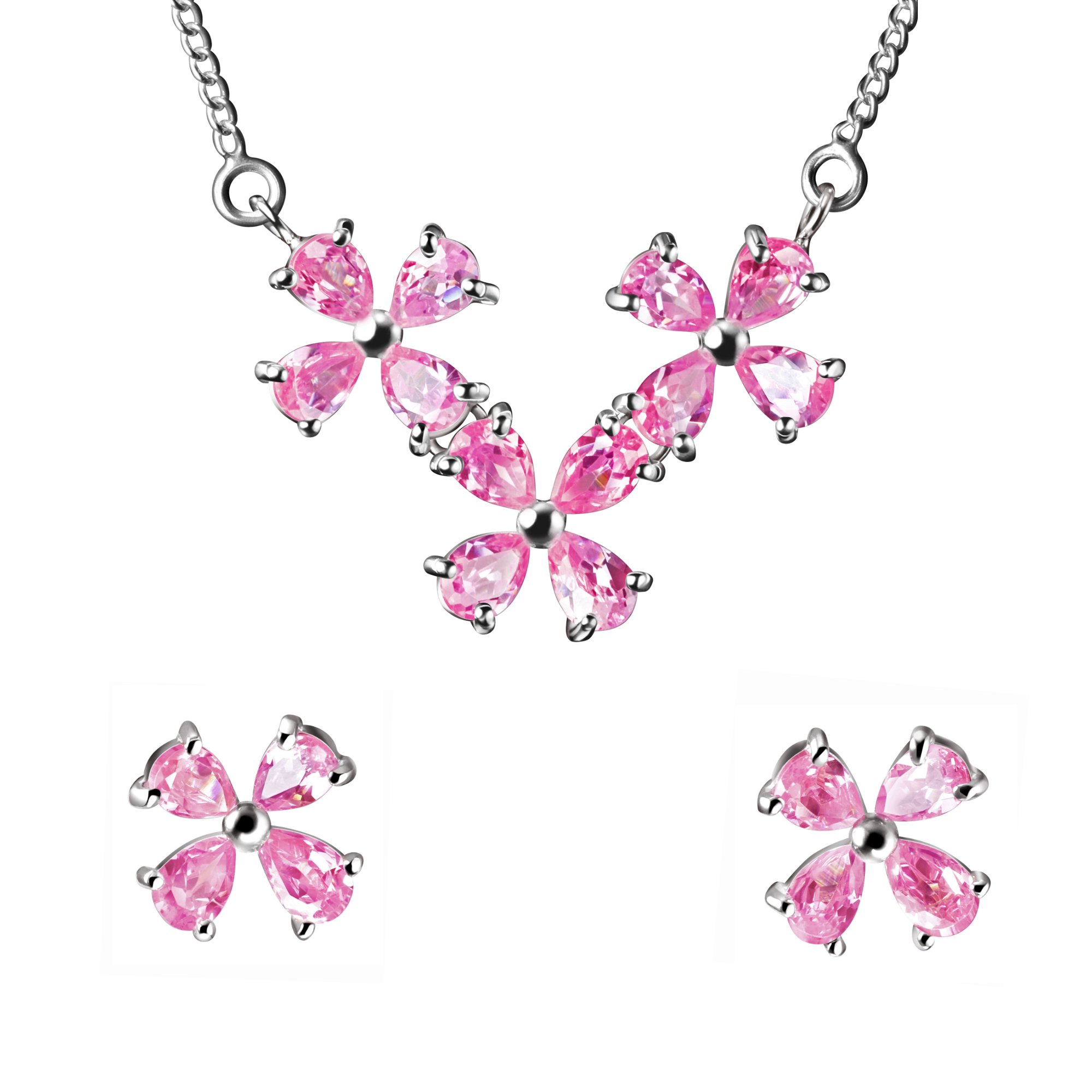 Franki Baker Pink CZ Flower Necklace & Earring Set on Sterling Silver