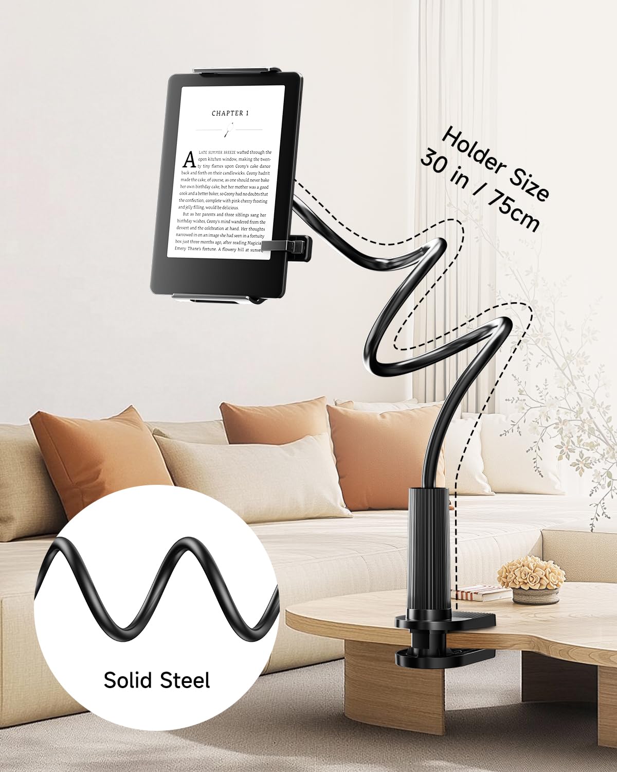 Kindle Holder with Remote Page Turner,Reading Stand for Bed, Desk with Clicker, for Kindle Paperwhite, Oasis, iPad, iPhone and More, Black Page Turner
