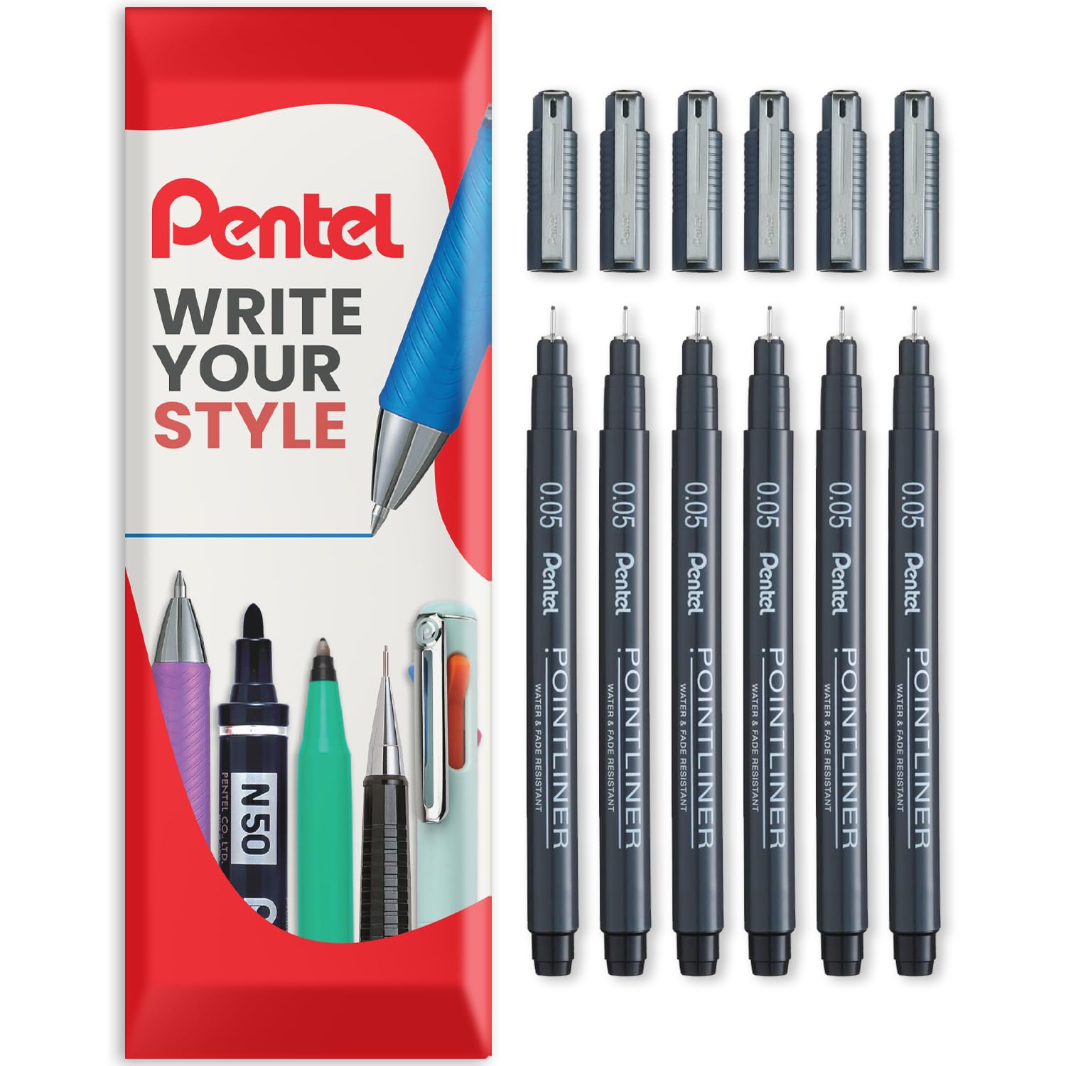 Pentel S20P Pointliner Pigment Liner Technical Drawing Fineliner Pen - In Envelope Gift Packaging (0.05mm Pack of 6)