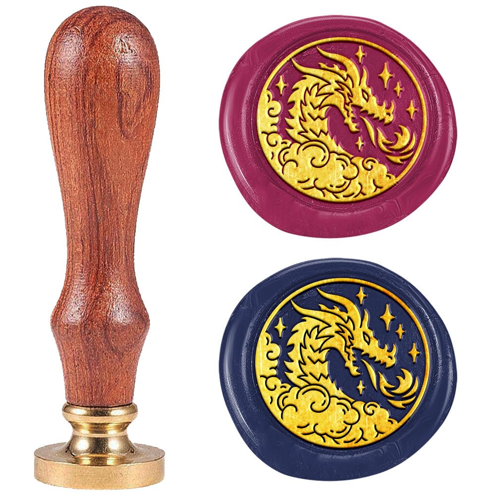 DELORIGIN 1" Wax Seal Stamp Dragon, Retro Sealing Stamps Removable Brass Head with Wooden Handle Novelty Seal Stamp Sealing Wax for Envelope Greeting Card Gift Letter Invitations Decoration