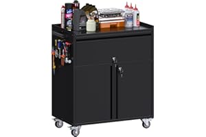 Aobabo Metal Cabinet on Wheels, Metal Garage Cabinet with 1 Drawer and 4 Hooks, Small Rolling Tool Storage with Pegboard and Handle, Assembly Required, Black
