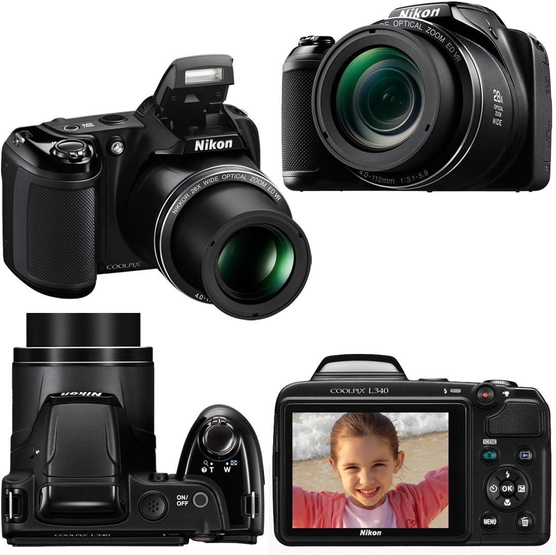 Nikon COOLPIX L340 Digital Camera with 28x Zoom & Full HD Video (Black) + 4 AA Rechargeable Batteries & Charger + 32GB + 59" Tripod Full Kit - International Version
