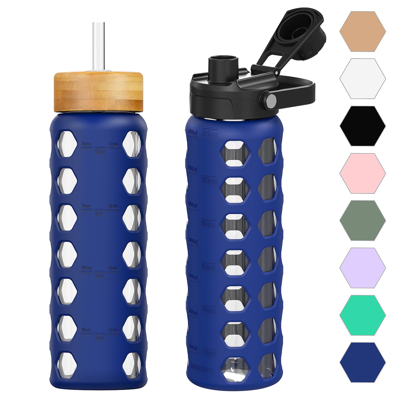 HYDRAGLAZIC 700ML Glass Water Bottle with 2 Flip and Bamboo Straw Lids Sports Water Tumbler with Time Reminder and Silicone Sleeve Leak-proof BPA Free, Blue