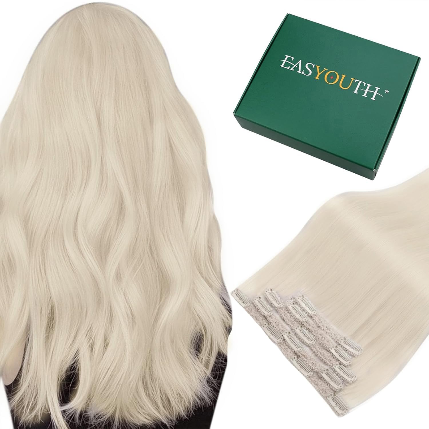 Easyouth Human Hair Extensions Clip in White Blonde Clip in Hair Extensions Real Human Hair Blonde Clips in Extension Remy Real Hair Clips Extension Natural 16Inch 70g 5Pcs #1000 — image 1