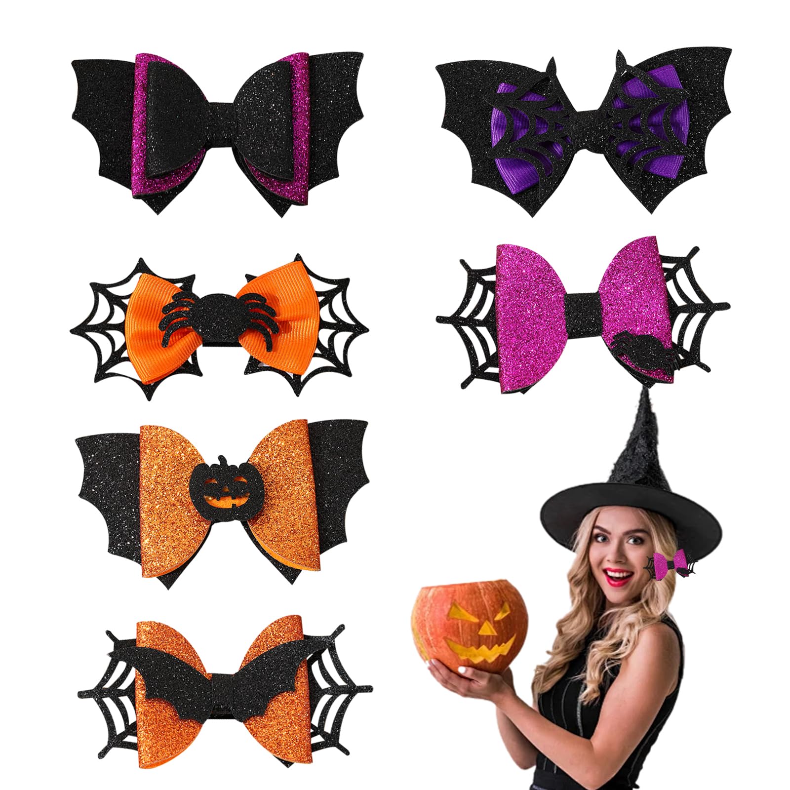 KASESSS Halloween 6Pcs SpiderHair Clips, BatHair Clips, Pumpkin Bows, Cute Halloween Hair Accessories for Kids & Adults