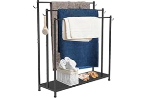 AnBaiMei Extra Large Free Standing Towel Rack with Metal Storage Shelf & 6 Hooks for Bathroom, 3 Tiers Heavy Duty Blanket Drying Stand Holder for Outdoor Pool, Bedroom, Living Room, Black