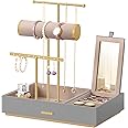 SONGMICS Jewelry Holder, Jewelry Organizer, Jewelry Display Stand, Metal Earring Organizer with Mirror, with Necklace Earring Bracelet Holder, for Rings, Gift Idea, Dove Gray and Gold UJJS022G01