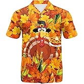 Eciodci Men's Thanksgiving Button Down Shirt Funny Turkey 3D Printed Fall Leaves Novelty Short Sleeve Hawaiian Shirts for Men