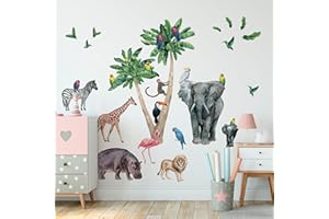 WS WALLPAPER Safari Animal Wall Decals for Kids by Lipastick-Peel and Stick Jungle Stickers Giraffe, Elephant, Hippo, Palm Tree, Parrot for Toddlers Room, Nursery, Playroom, Classroom, Daycare Decor Art- S Size