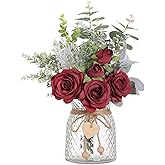 Faux Flowers with Vase,Artificial Silk Roses in Vase, Fake Plant Eucalyptus Flower Arrangement for Home Office Farmhouse Bathroom Dining Table Centerpiece Decorations Coffee Table Decor (Burgundy)