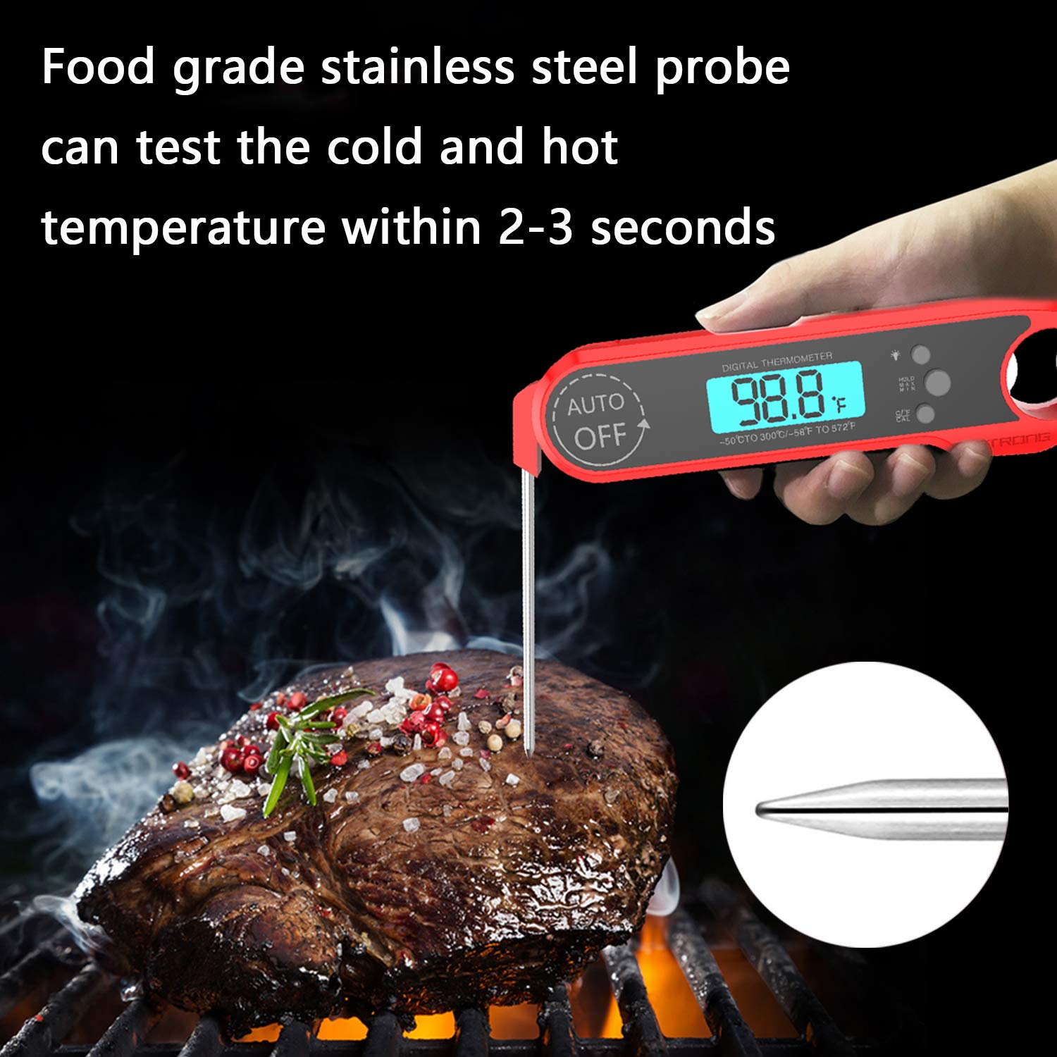 Meat Thermometer, Instant Read Thermometer with Foldable Probe and Bottle Opener, with One Extra Battery