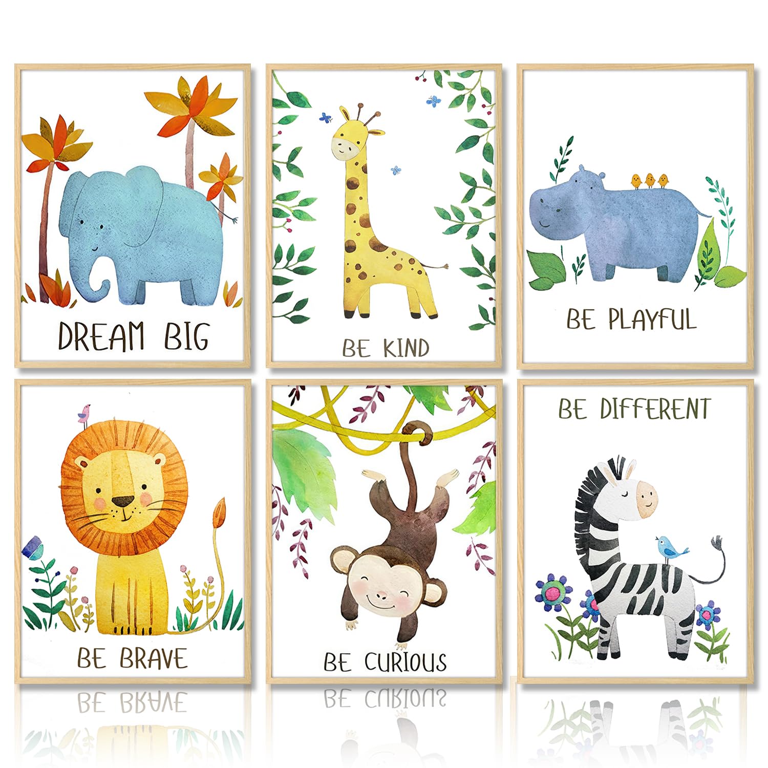 Dazzlewall Cartoon Safari Animal Wall Decor Poster Inspirational Quotes Wall Poster for Nursery Kids Room Decor 8x10 in Unframed Set of 6