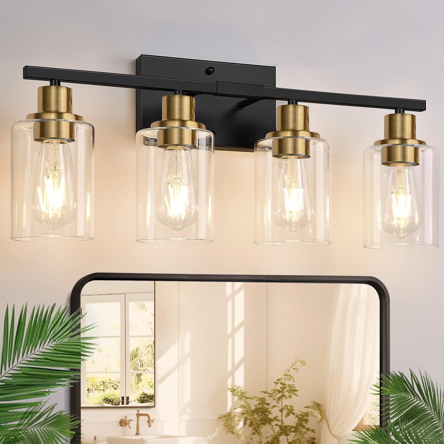 Photo 1 of 4-Light Bathroom Light Fixtures, Black and Gold Modern Vanity Lights with Clear Glass Shades, Bathroom Wall Lamp for Mirror Living Room Cabinet Bedroom Porch