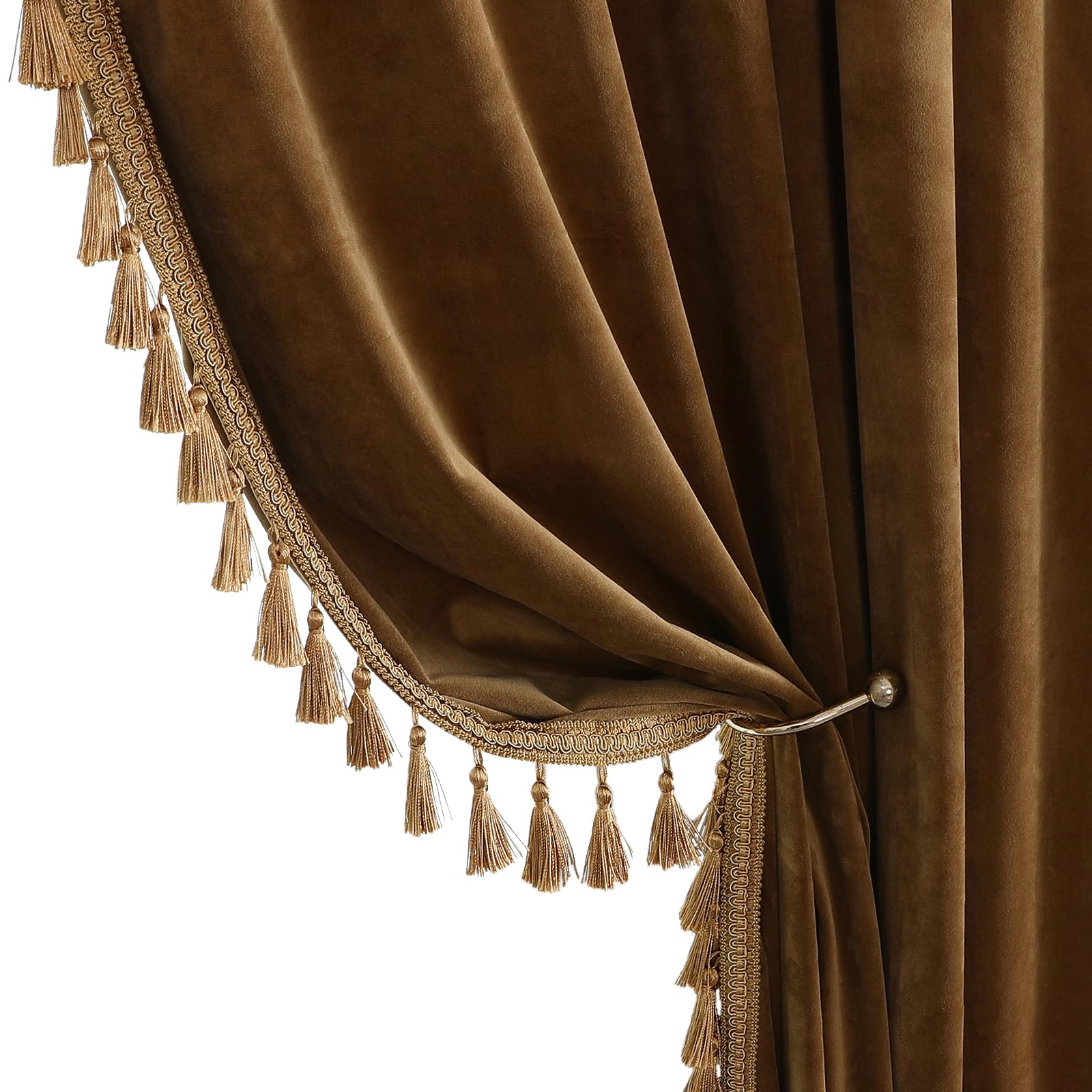 Photo 1 of Gold Brown Boho Tassels Soft Luxury Room Darkening Velvet Window Curtain Panels for Living Room Bedroom Rod Pocket Design, W52 by L108 inches, 2 Panels