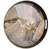 Leemxiiny Round Black Marbling Decorative Tray with Handles, 13" Morden Plastic Serving Tray for Coffee Table Bathroom, Ottoman, Home Decor