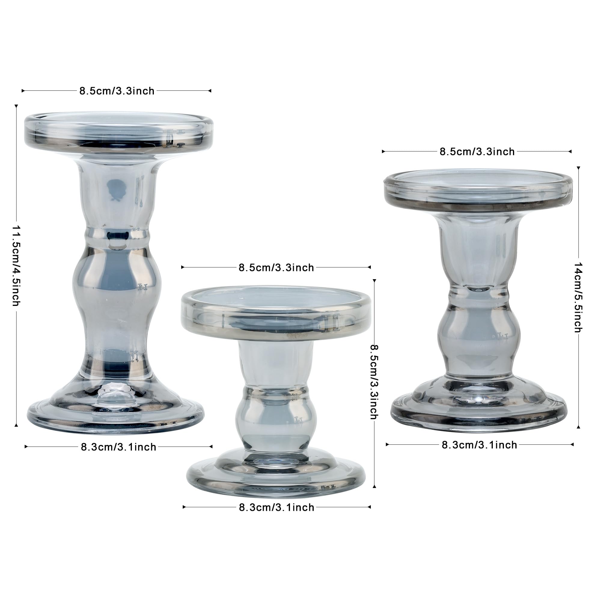 Gray Glass Candle Holder Set, QENUIITEA Set of 3 Clear Candlesticks Holders Pillar Taper Candles Tea Light Stand for Centerpieces Church Wedding Party Home Decor Dining Table
