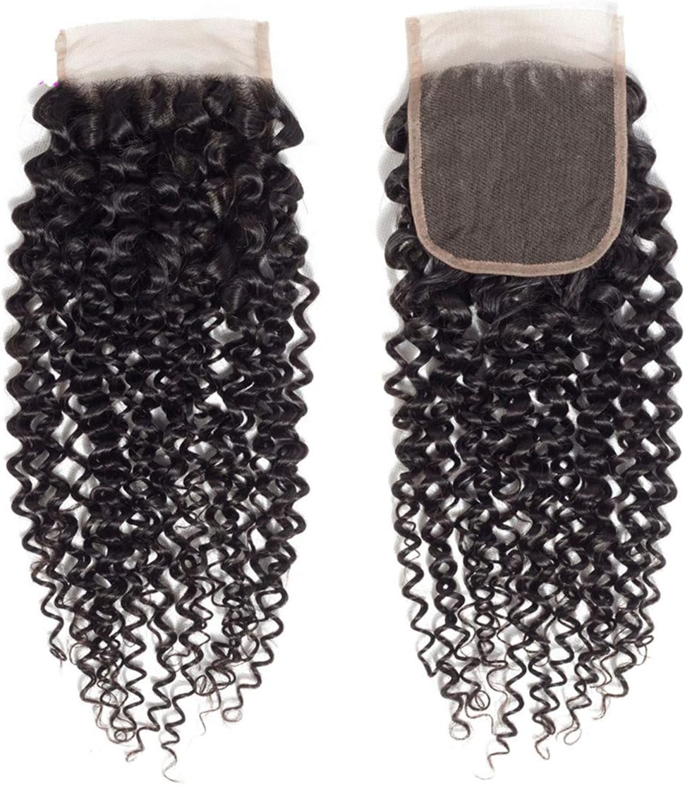 Jerry Curly Hair 4x4 Free Part Lace Closure 7A 100% Unprocessed Brazilian Human Hair Extensions Natural Black Bleached Knots (14 inch, Natural Color)