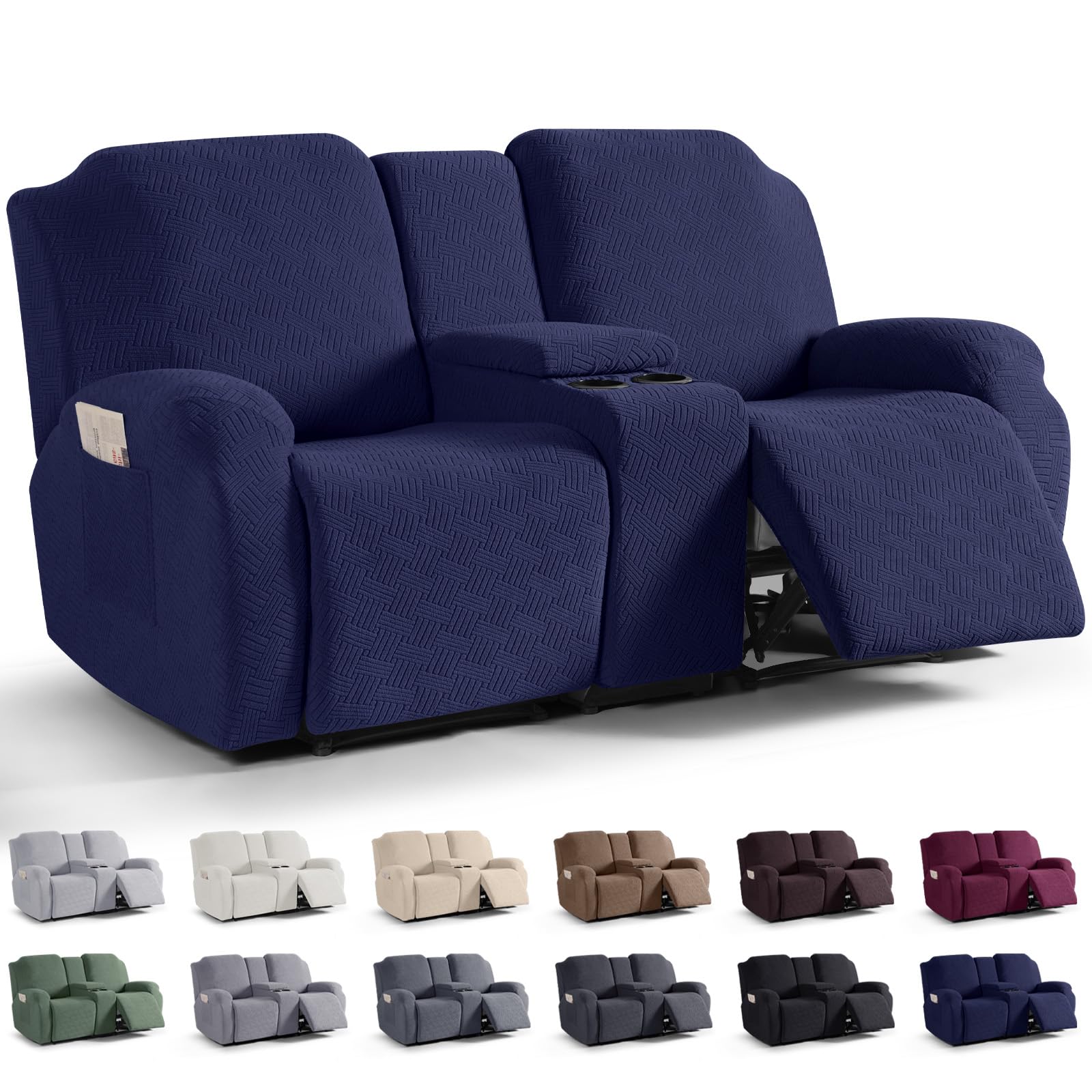 Photo 1 of KinCam Loveseat Recliner Covers with Middle Console Slipcover, Recliner Sofa Covers 2 Seat Couch Cover Stripe Jacquard Furniture Protector Covers with Elastic Bottom for Kids, Pets (Dark Blue)