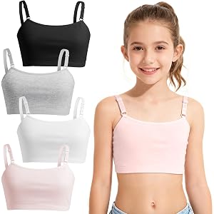 Girls Training Bra, Soft Cotton Cami Bralette with Adjustable Straps, Double Layer Design, No Pads