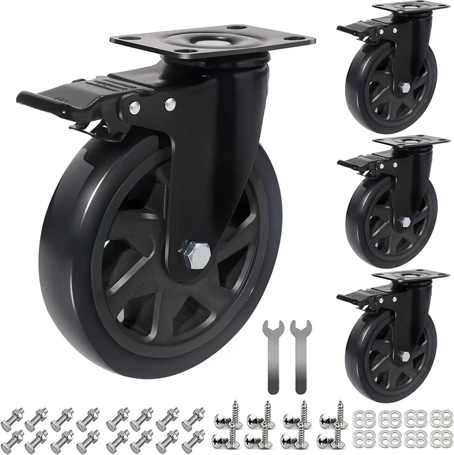 RRIUTO Heavy Duty 150MM Caster Wheels with Brake, 4 Furniture Caster Load Capacity 900kg，Double Bearing Swivel Castors Wheels for Furniture, Rubber Swivel Trolley Castor 360° Rotation