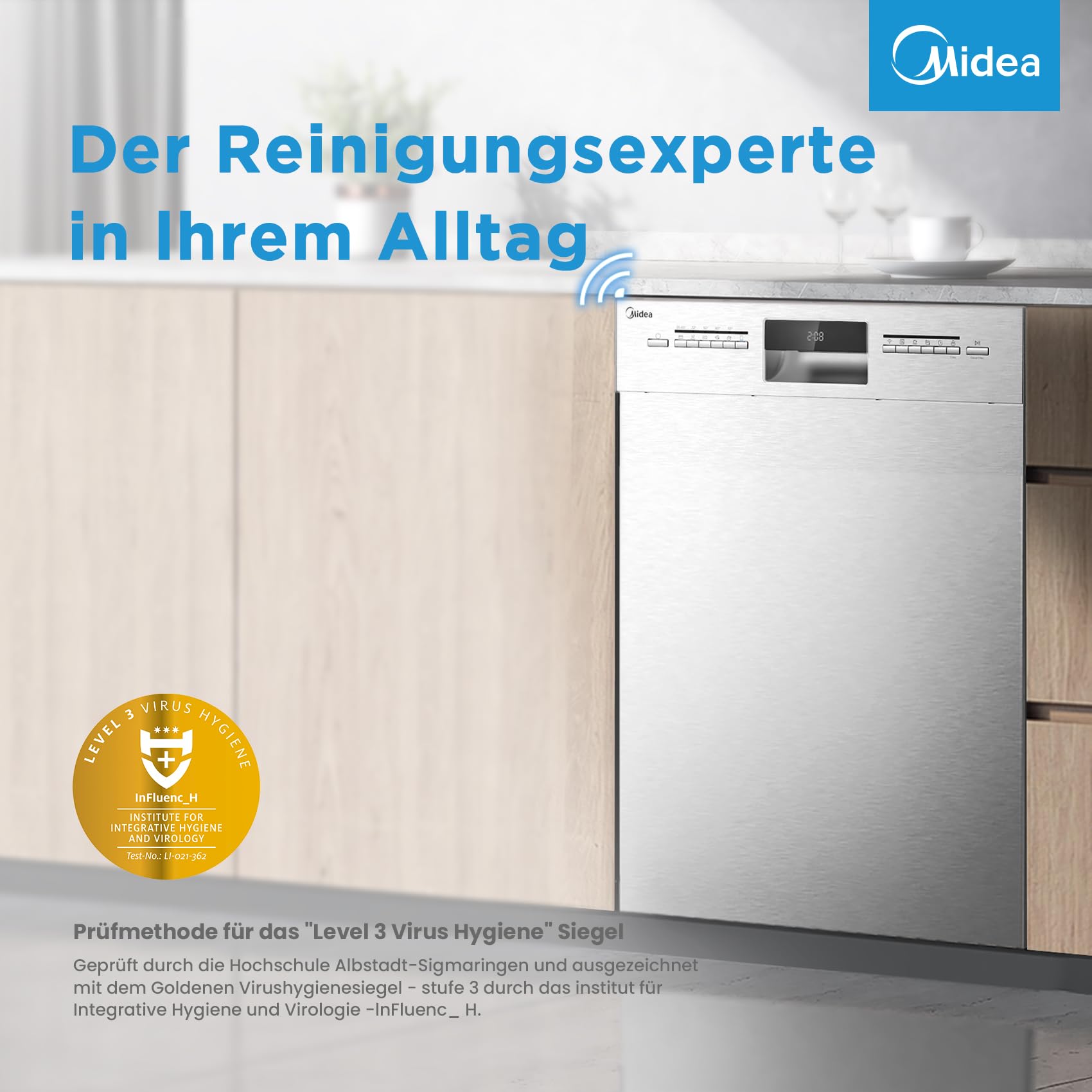 Midea SU 5.35X14CS Geschirrspüler Unterbau, 14 MGD, Spülmaschine 60 cm, Home Connect, Hygienepflege+, Maschinenpflege+, Extra Trocknung, Halbe Beladung, 44 db, Startverzögerung, Edelstahl 3