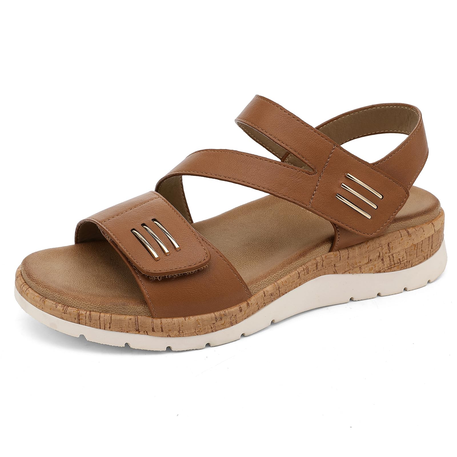 UBFEN Womens Flat Sandals Arch Support Open Toe Walking Comfy Casual Low Wedge Summer Shoes B Brown Size US 10.5 Image